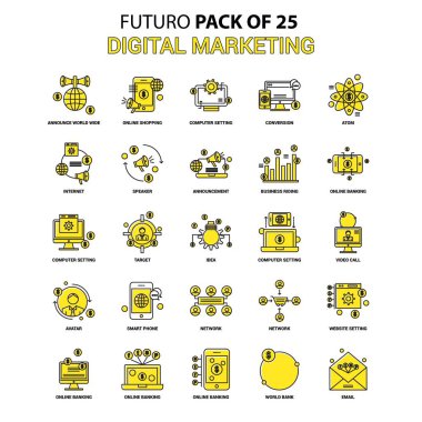 Dijital pazarlama Icon Set. Sarı Futuro son tasarım simge paketi