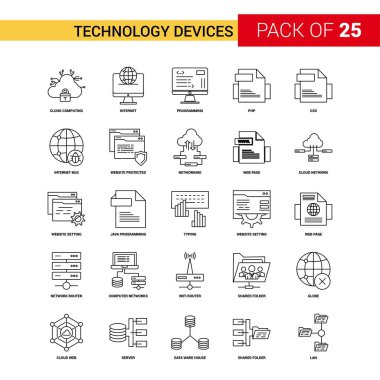 Teknoloji aygıtı siyah çizgi simgesi - 25 iş anahat Icon Set