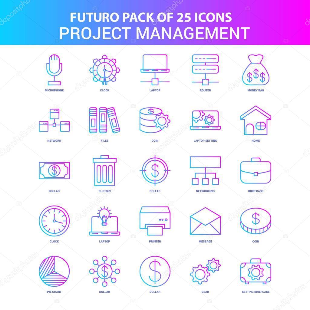 25 Blue and Pink Futuro Project Management Icon Pack
