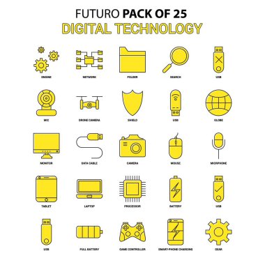 Dijital teknoloji Icon Set. Sarı Futuro son tasarım simge paketi