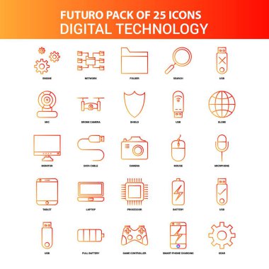 Turuncu Futuro 25 dijital teknoloji Icon Set