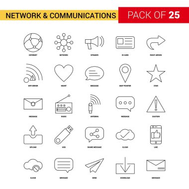Ağ ve iletişim siyah çizgi simgesi - 25 iş anahat Icon Set