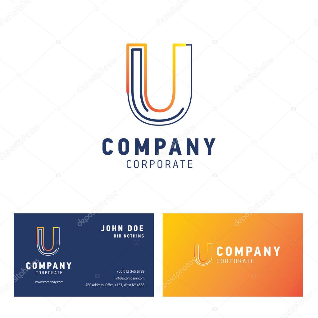 U company logo design with visiting card vector