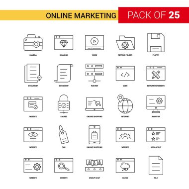 Online pazarlama siyah çizgi simgesi - 25 iş anahat Icon Set