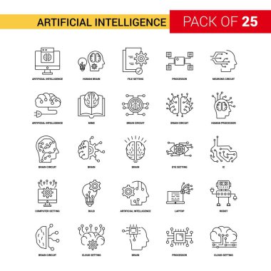 Yapay zeka siyah çizgi simgesi - 25 iş anahat Icon Set