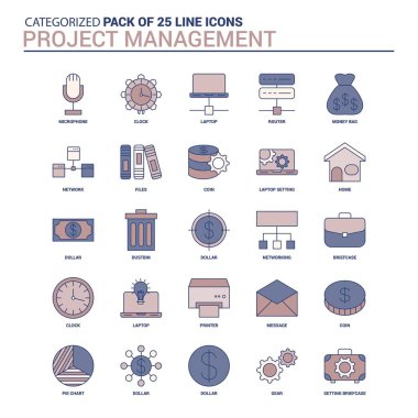 Vintage proje yönetimi Icon set - 25 düz çizgi Icon set