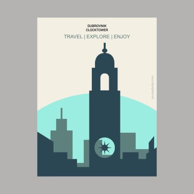 Dubrovnik Saat Kulesi, Hırvatistan Vintage tarzı Landmark Poster şablonu