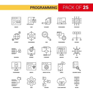 25 iş anahat Icon Set siyah çizgi simgesi - programlama