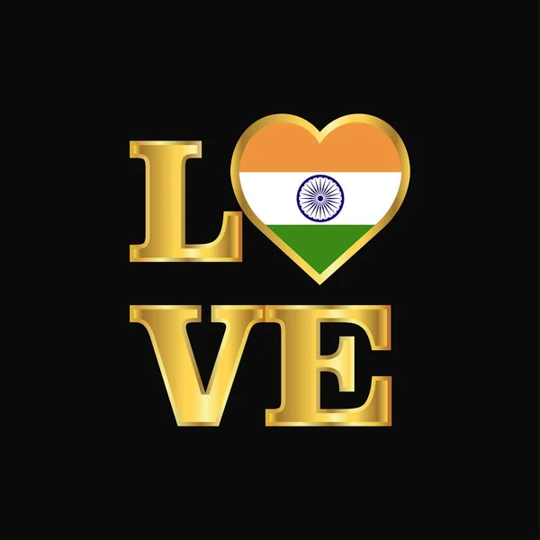 Amore Tipografia India Bandiera Disegno Vettore Gold Lettering — Vettoriale Stock