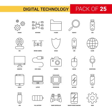 Dijital teknoloji siyah çizgi simgesi - 25 iş anahat Icon Set