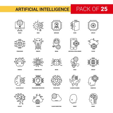 Yapay zeka siyah çizgi simgesi - 25 iş anahat Icon Set