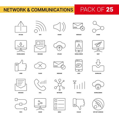 Ağ ve iletişim siyah çizgi simgesi - 25 iş anahat Icon Set