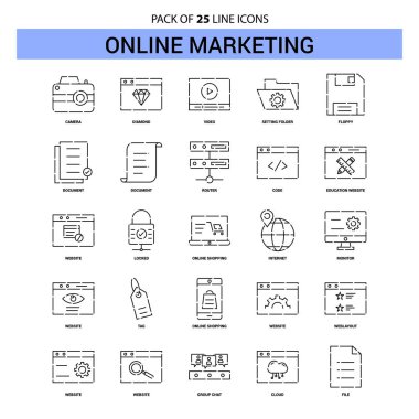 Online pazarlama satır Icon Set - 25 kesikli anahat stili