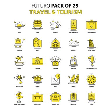 Seyahat ve Turizm Icon Set. Sarı Futuro son tasarım simge paketi