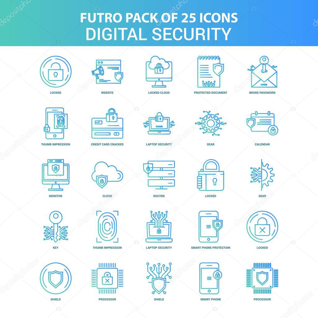 25 Green and Blue Futuro Digital Security Icon Pack