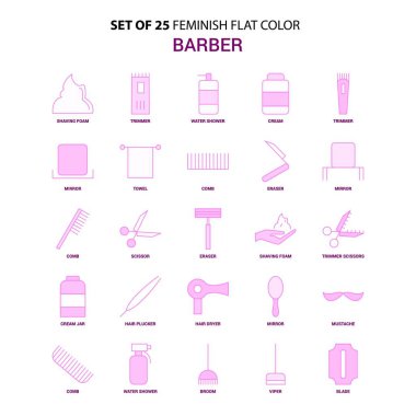 25 Feminish Kuaför düz renk pembe simge kümesi