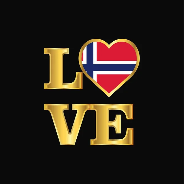 Kärlek Typografi Norge Flaggan Design Vektor Guld Bokstäver — Stock vektor