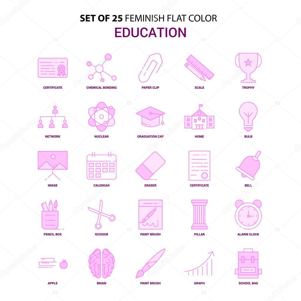 Set of 25 Feminish Education Flat Color Pink Icon set