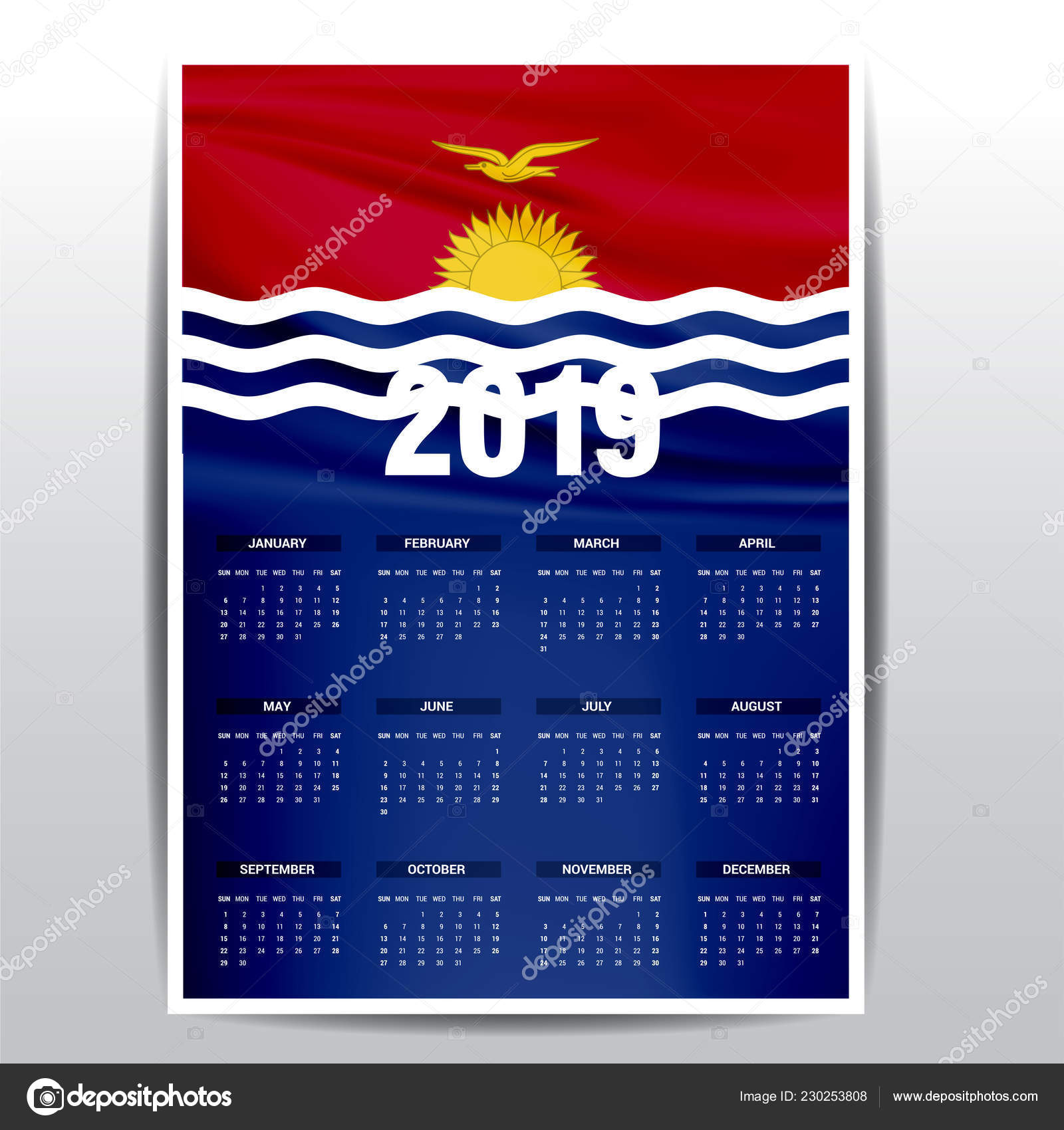 Calendar 2019 Kiribati Flag Background English Language Stock Vector