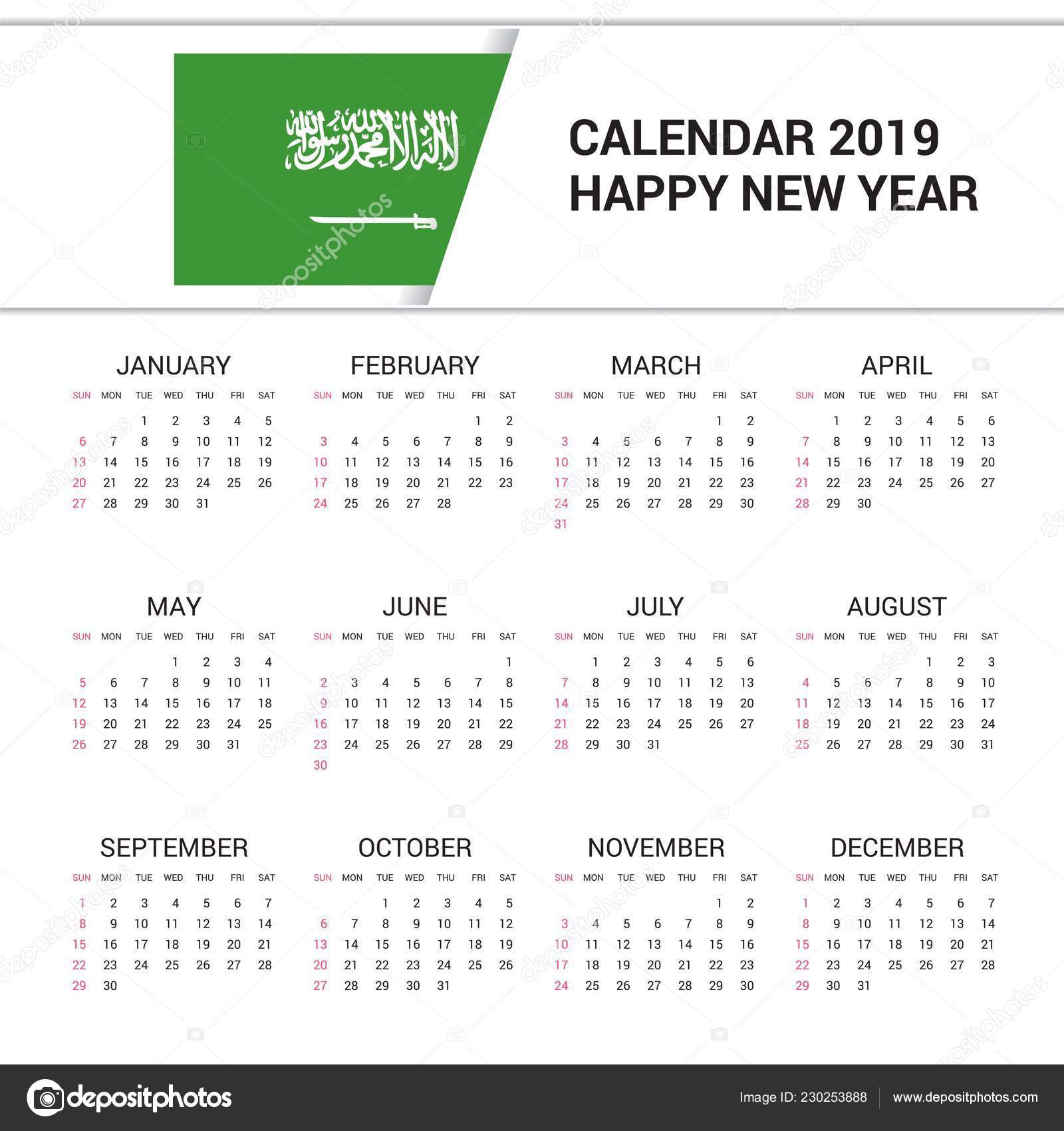 Calendario 2019 Arabia Saudita Fondo Bandera Idioma Inglés vector, gráfico vectorial © ibrandify