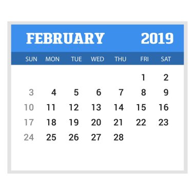 2019 mutlu yeni yıl Şubat takvim şablonu. Noel arka plan