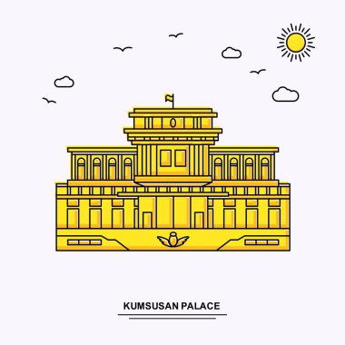 Kumsusan Palace anıt Poster şablonu. Beauture doğa sahne ile dünya seyahat sarı resimde arka planda çizgi stili