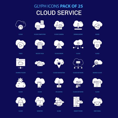 Bulut servisi beyaz simgesi mavi arka plan üzerinde. 25 Icon Pack
