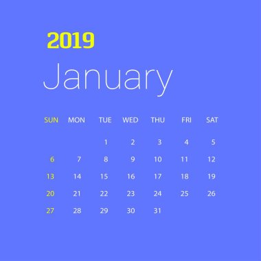 2019 mutlu yeni yıl Ocak takvim şablonu