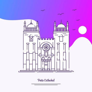 Seyahat Porto katedral Poster şablonu. Mor yaratıcı arka plan