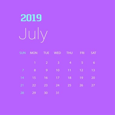 2019 mutlu yeni yıl Temmuz takvim şablonu. Noel arka plan