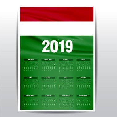 Takvim 2019 Macaristan bayrağı arka plan. İngilizce dil