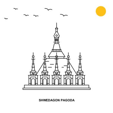 Shwedagon Pagoda anıt. Dünya seyahat doğal resimde arka planda çizgi stili