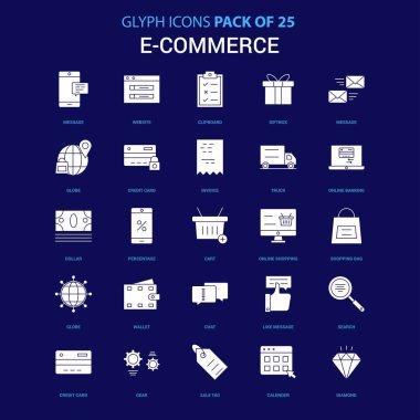 E-ticaret beyaz simgesi mavi arka plan üzerinde. 25 Icon Pack