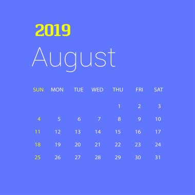 2019 mutlu yeni yıl Ağustos takvim şablonu. Noel arka plan