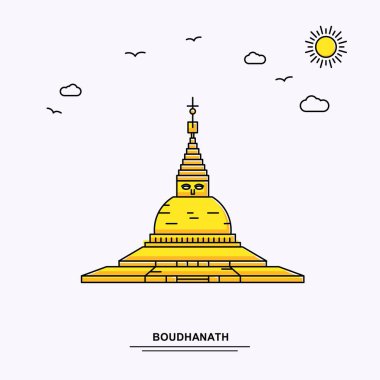 Boudhanath anıt Poster şablonu. Beauture doğa sahne ile dünya seyahat sarı resimde arka planda çizgi stili