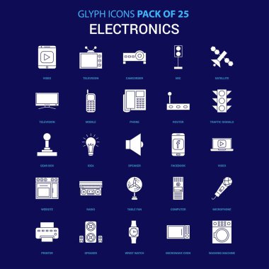 Elektronik beyaz simgesi mavi arka plan üzerinde. 25 Icon Pack