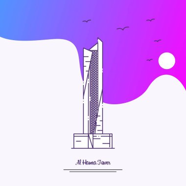 Seyahat Al Hamra Tower Poster şablonu. Mor yaratıcı arka plan
