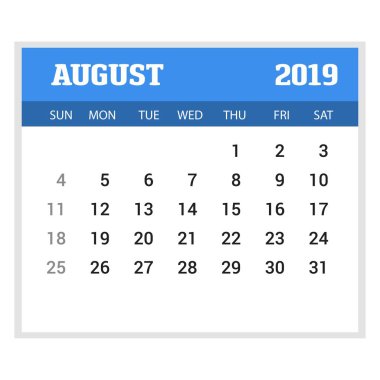 2019 mutlu yeni yıl Ağustos takvim şablonu. Noel arka plan