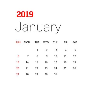 2019 mutlu yeni yıl Ocak takvim şablonu