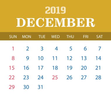 2019 takvim şablonu - Aralık