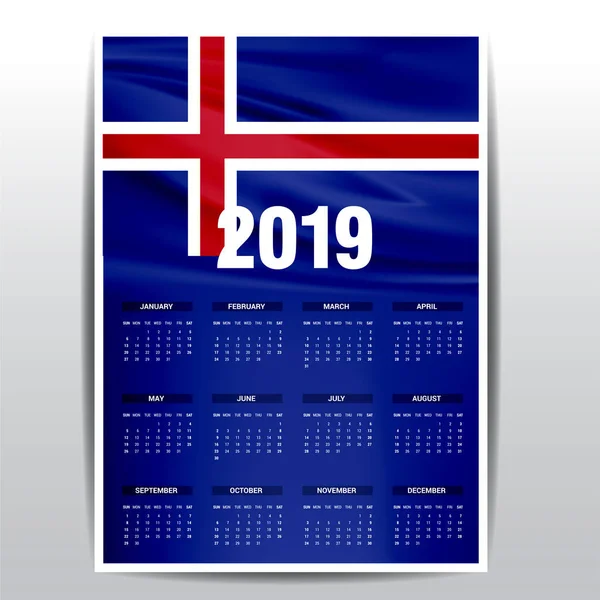 Calendrier 2019 Islande Fond Drapeau Langue Anglaise — Image vectorielle