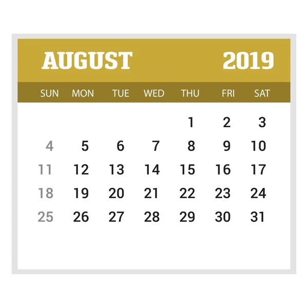 2019 Happy New Year August Calendar Template Рождественский Фон — стоковый вектор