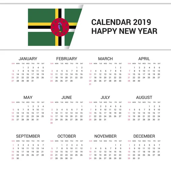 Kalender 2019 Dominica Flagge Hintergrund Englische Sprache — Stockvektor