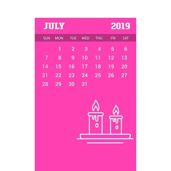 2019 Happy New Year July Calendar Template Christmas Background — Stock Vector