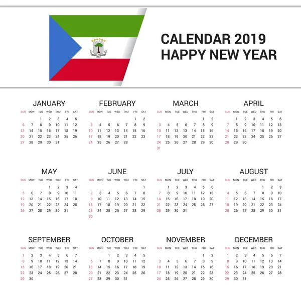 Calendario 2019 Guinea Ecuatorial Fondo Bandera Idioma Inglés — Vector de stock