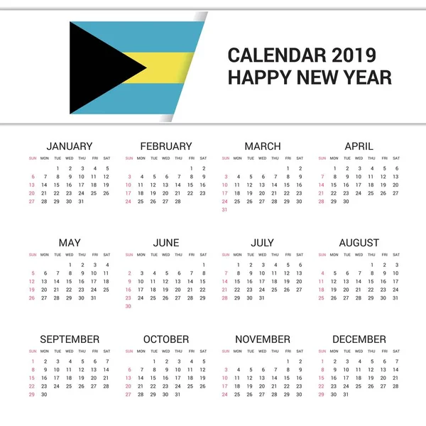 Calendario 2019 Bahamas Fondo Bandera Idioma Inglés — Vector de stock