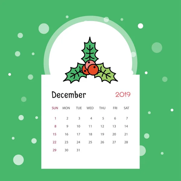 2019 Frohes Neues Jahr Dezember Kalendervorlage Weihnachtlicher Hintergrund — Stockvektor