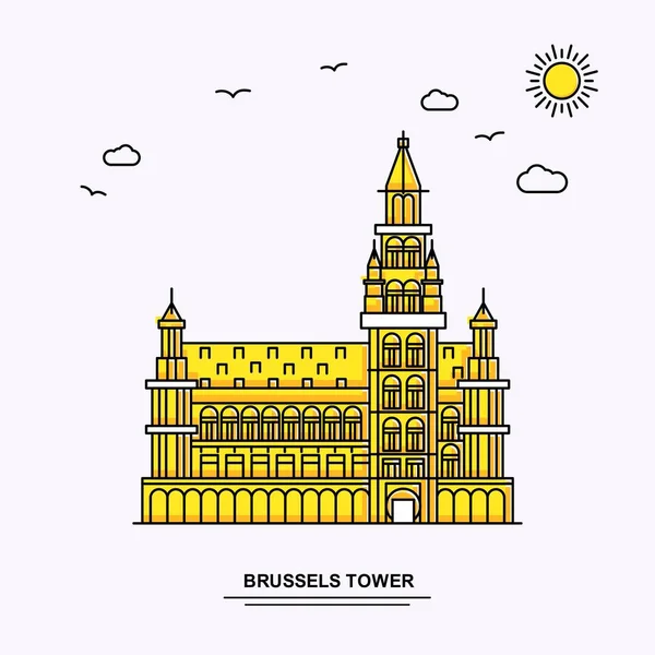 ブリュッセルの塔記念碑ポスター テンプレート Beauture 自然シーンと世界旅行黄色図の線のスタイルの背景 — ストックベクタ