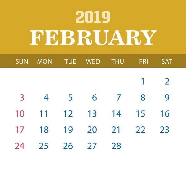 Plantilla Calendario 2019 Febrero — Vector de stock