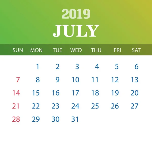 Plantilla Calendario 2019 Julio — Vector de stock